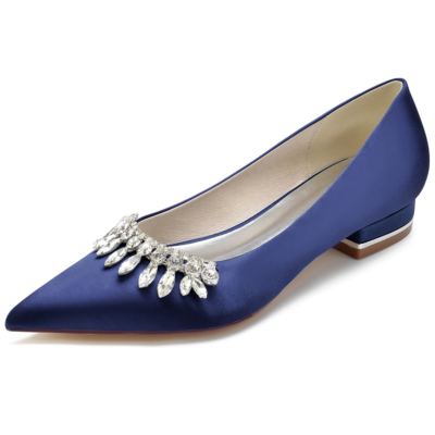 Zapatos planos de satén con pedrería azul marino, zapatos de tacón de novia con punta estrecha