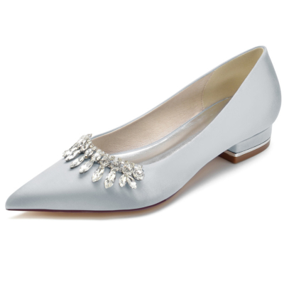 Zapatos planos de satén con pedrería gris, zapatos de tacón de novia con punta estrecha