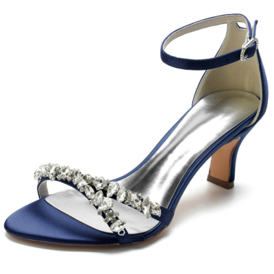 Sandalias con correa en el tobillo y correa con pedrería azul marino Tacones medios Zapatos de boda de satén
