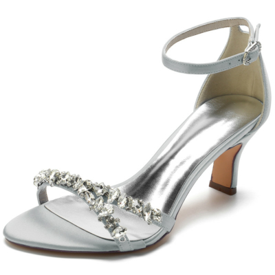 Sandalias con correa en el tobillo con correa joya gris Tacones medios Zapatos de boda de satén