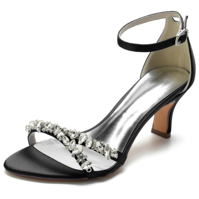 Sandalias con correa en el tobillo con tira de pedrería negra Tacones medios Zapatos de boda de satén