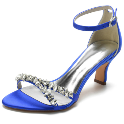 Royal Blue Jeweled Strap Sandalias con correa en el tobillo Tacones medios Satén Zapatos de boda