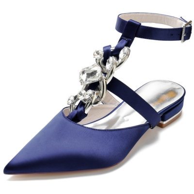 Zapatos sin espalda con adornos de pedrería planos de satén con punta en punta y correa en T azul marino