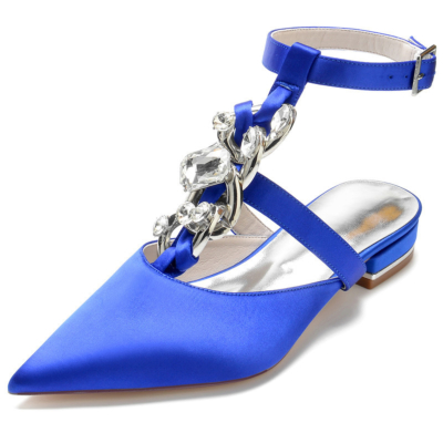 Zapatos Planos de Satén Azul Real con Punta en Forma de T y Detalles de Pedrería en la Parte Trasera sin Respaldo