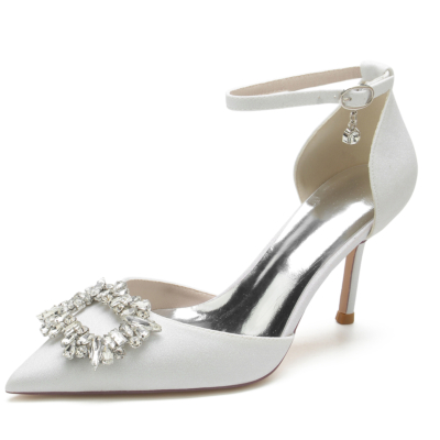 Zapatos de boda con purpurina y tacón de aguja en punta blanca con diamantes de imitación