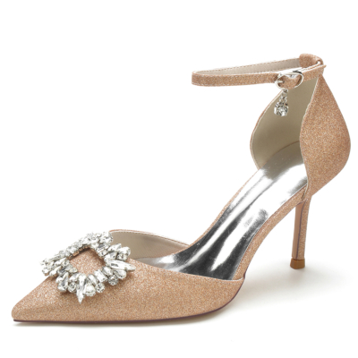 Zapatos de boda con purpurina y tacón de aguja en punta Champange con diamantes de imitación