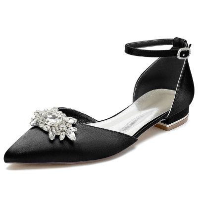 Black Satin Pointed Toe Rhinestone Ankle Strap Flat Wedding Shoes