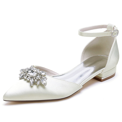 Ivory Satin Pointed Toe Rhinestone Ankle Strap Flat Wedding Shoes