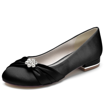 Zapatos de boda planos con punta redonda de satén negro y flores de diamantes de imitación