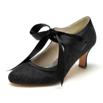 Tacones de carrete de encaje negro retro para mujer Zapatos de tacón de punta Alomond con cordones