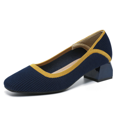 Zapatos de salón con tacón en bloque y punta cuadrada Knit Line azul marino para mujer