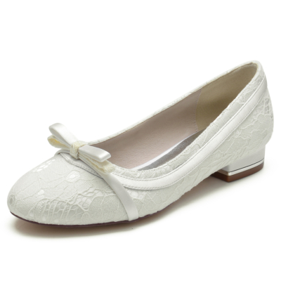 Zapatos de ballet con punta redonda y lazo de encaje beige Zapatos de boda