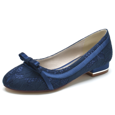 Zapatos de ballet con punta redonda y lazo de encaje azul marino Zapatos de boda