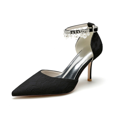 Zapatos de novia de tacón de aguja con correa en el tobillo de encaje negro D'orsay