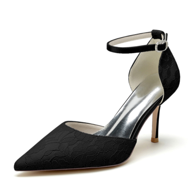 Zapatos de tacón D'orsay florales de encaje negro Zapatos de tacón de aguja con punta estrecha