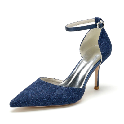 Zapatos de tacón D'orsay con diseño floral de encaje azul marino, zapatos de tacón de aguja con punta en pico