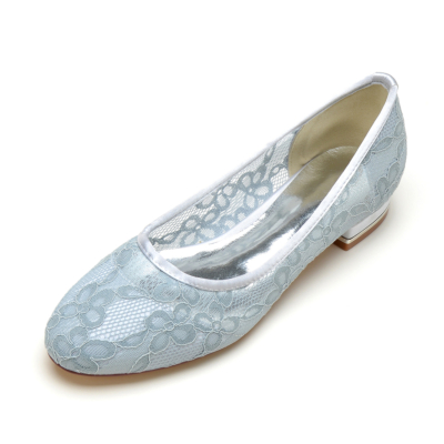 Zapatos de boda planos con punta redonda y flores de encaje azul claro