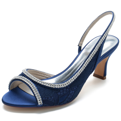 Sandalias con tira trasera y tacón de carrete con punta abierta y diamantes de imitación de encaje azul marino