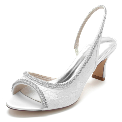 Sandalias de talón abierto con punta abierta y diamantes de imitación de encaje blanco