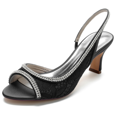 Sandalias de talón abierto con punta abierta y diamantes de imitación de encaje negro