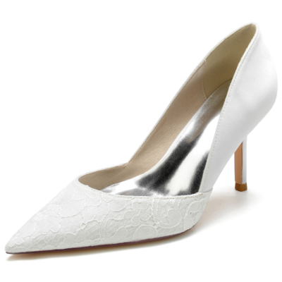 Zapatos de tacón de aguja con encaje blanco y satén lateral V Vamp Pumps para boda