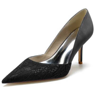 Black Lace&Satin Side V Vamp Pumps Zapatos de tacón de aguja para boda