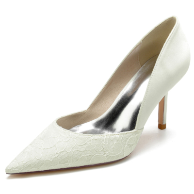 Marfil Lace&Satin Side V Vamp Pumps Zapatos de tacón de aguja para boda