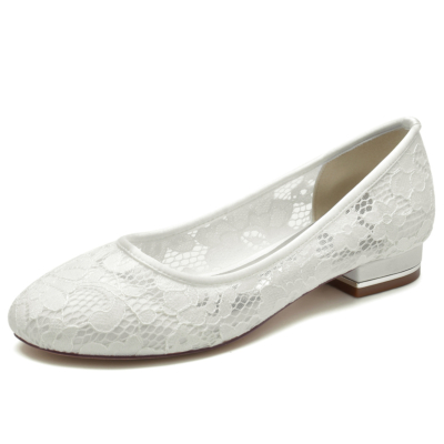 Zapatos de novia de punta redonda plana de boda de encaje blanco marfil