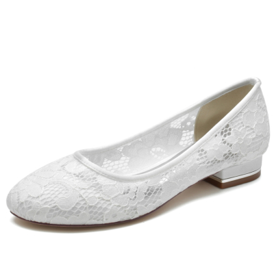 Zapatos de novia de punta redonda plana de encaje blanco para boda