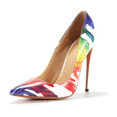 Zapatos de fiesta multicolores para mujer, tacones de aguja, punta estrecha, tacones de 5 pulgadas