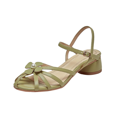 Zapatos de sandalias con hebilla de flores recortadas de cuero verde con tacones bajos gruesos