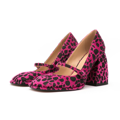 Zapatos de vestir de piel sintética con tacón grueso y estampado de leopardo magenta Mary Jane
