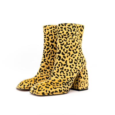 Botas de punta cuadrada amarillas Botines de tacón grueso con cremallera de pelo de caballo con estampado de leopardo