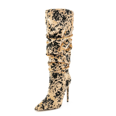 Botas de piel sintética con estampado de leopardo albaricoque Botas altas hasta la rodilla con purpurina Tacones altos