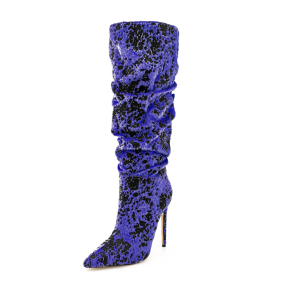 Botas de piel sintética con estampado de leopardo azul Botas altas hasta la rodilla con purpurina Tacones altos