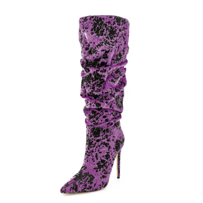 Botas de piel sintética con estampado de leopardo morado Botas altas hasta la rodilla con purpurina Tacones altos