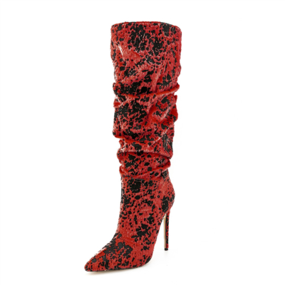 Botas de piel sintética con estampado de leopardo rojo Botas altas hasta la rodilla con purpurina Tacones altos