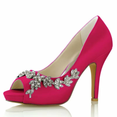 Magenta Satén Peep Toe Zapatos de boda Flores de diamantes de imitación Tacón de aguja Bombas de plataforma