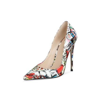 Zapatos de tacón de aguja de grafiti multicolor de charol de 4 pulgadas para mujer