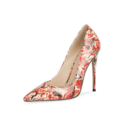 Zapatos de tacón de aguja de 10 cm con estampado de mármol rojo, zapatos de oficina para mujer