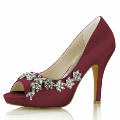 Granate Satén Peep Toe Zapatos de boda Flores de diamantes de imitación Tacón de aguja Bombas de plataforma