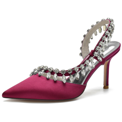Zapatos de novia de tacón de aguja con punta en punta de diamantes de imitación de satén granate