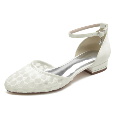 Zapatos planos blancos de malla D'orsay con punta redonda y cómodos zapatos planos con correa en el tobillo