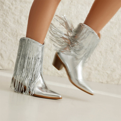 Metallic Silver Fringe Pointed Toe Block Heel Fashion Wide Calf Cowboy Boots