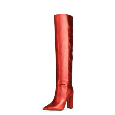 Botas holgadas rojas metalizadas  Botas elásticas por encima de la rodilla con tacones de bloque