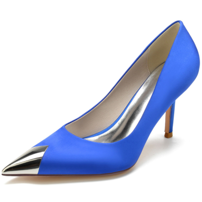 Zapatos de tacón de aguja con punta en punta metálica azul real para baile
