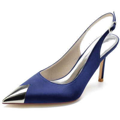 Zapatos de salón con tira trasera y tacón de aguja en punta metalizado azul marino Mujer