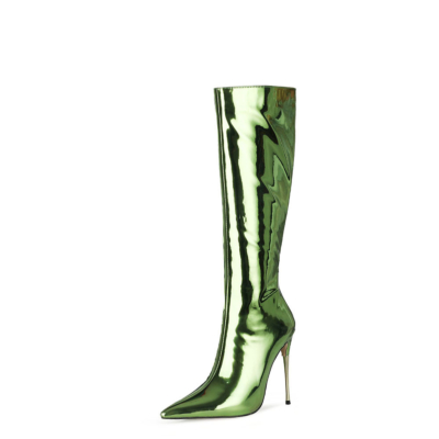 Botas largas hasta la rodilla con espejo verde Botas de vestir brillantes con tacón de aguja metálico