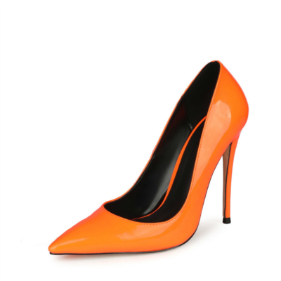 Zapatos de tacón de charol de charol naranja neón Tacones altos de verano para mujer
