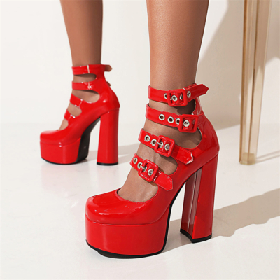 Zapatos de vestir rojos con hebilla de punta de almendra y tacones gruesos Mary Janes con plataforma de múltiples correas